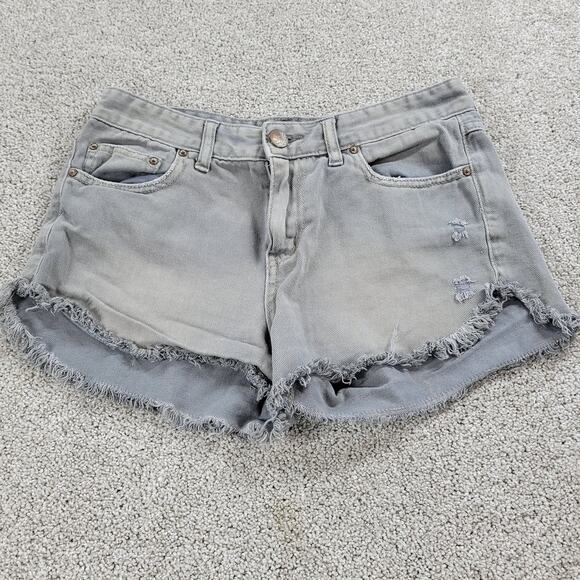 Free People Womens Cut Off Jean Shorts 26 Blue Distressed Denim Button Fly - Picture 1 of 14